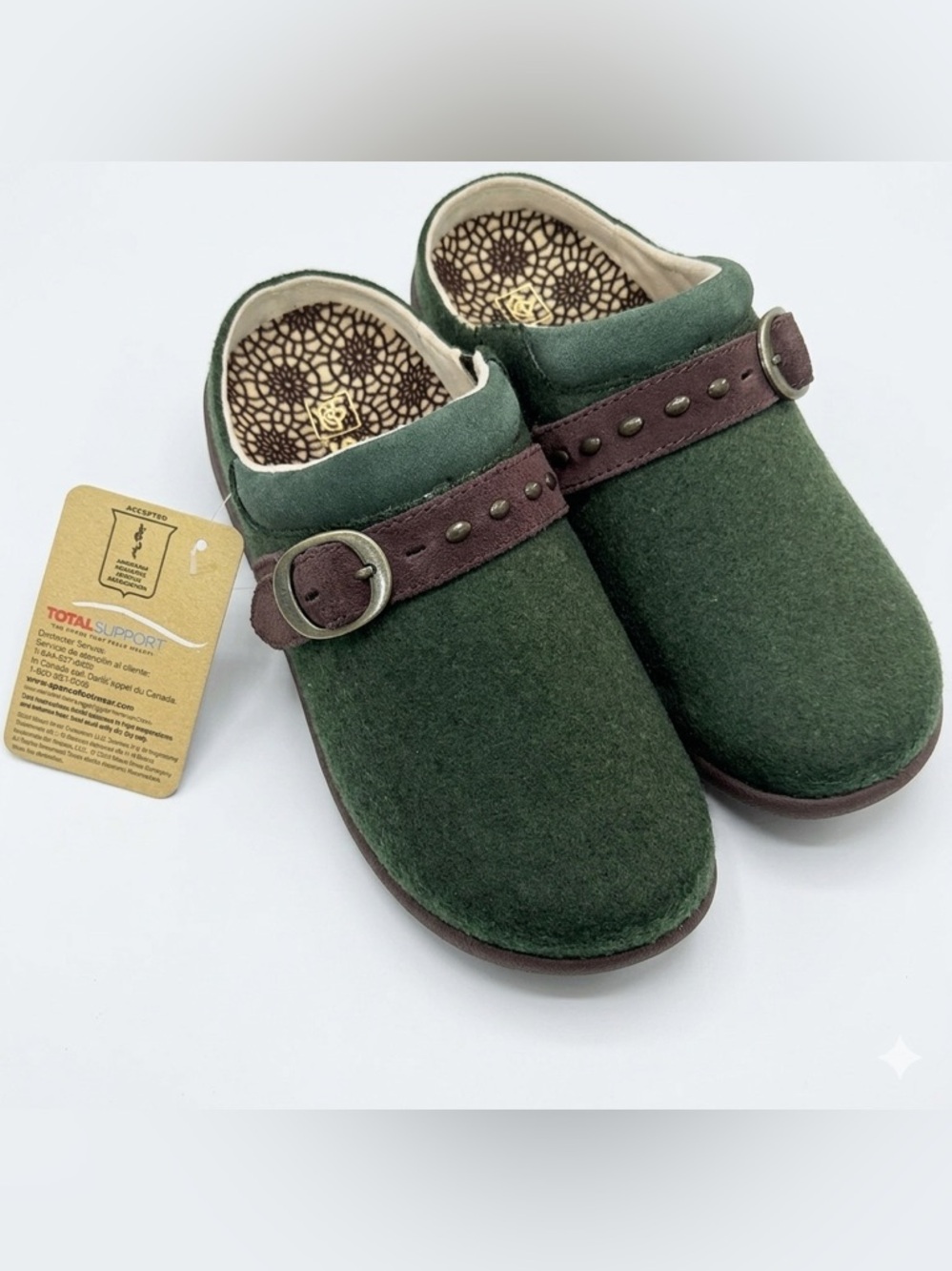 Spenco Women’s Ashley Green Wool Mules with Suede Strap Size 5.5
